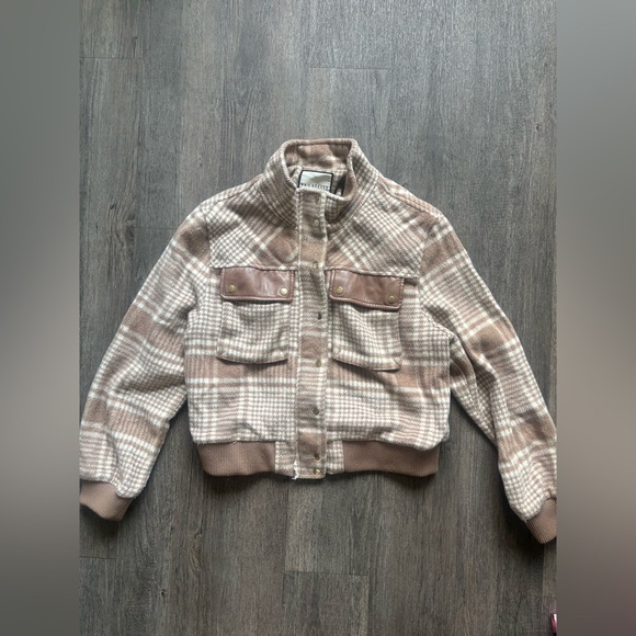 Bagatelle Plaid Bomber Jacket in Brown and Cream - Picture 1 of 7